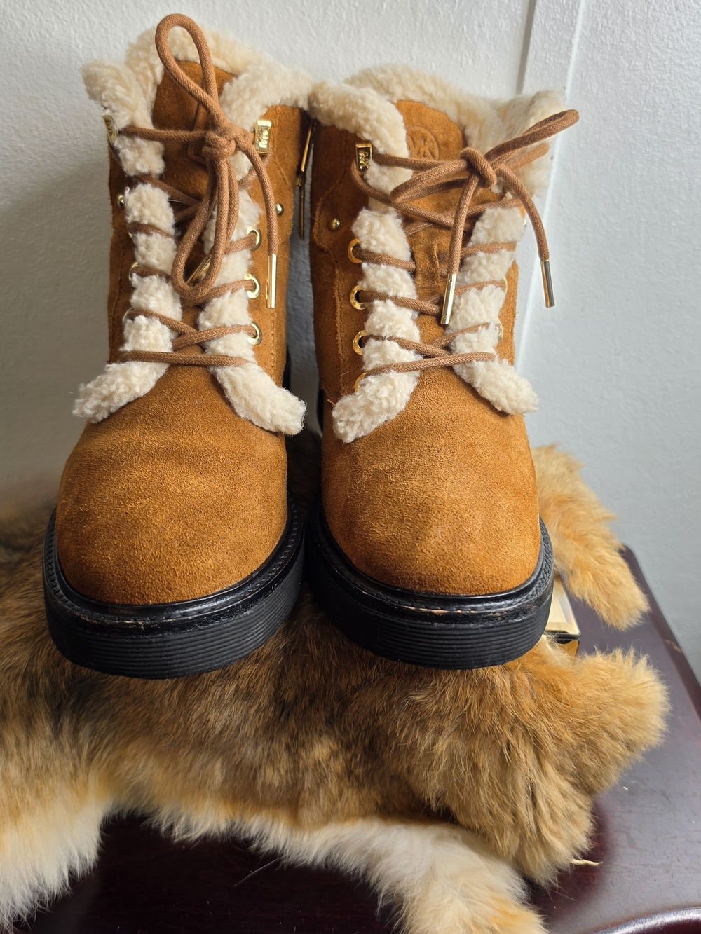 Michael Kors Tan Suede Shearling Lace-Up Ankle Boots - Picture 14 of 14